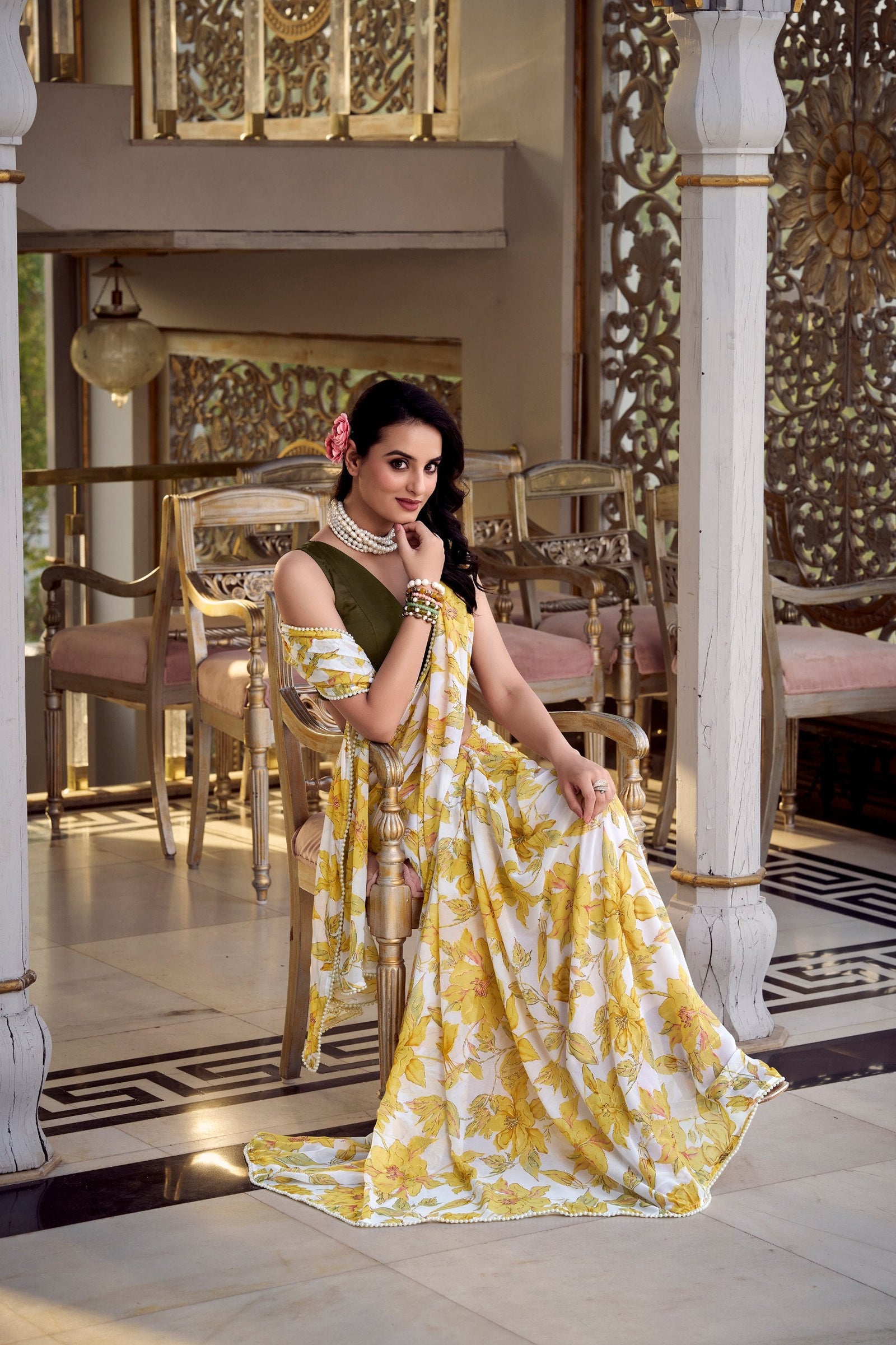 Yellow Floral Print Weightless Marble Saree with Pearl Lace Border & Moonga Silk Blouse ClothsVilla