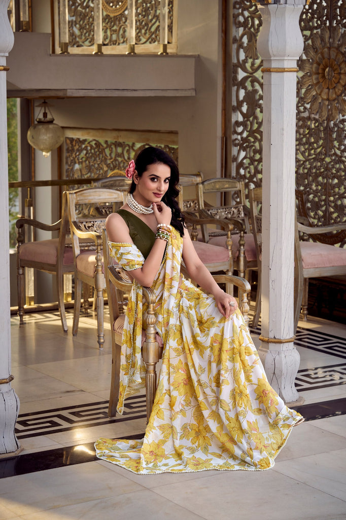 Yellow Floral Print Weightless Marble Saree with Pearl Lace Border & Moonga Silk Blouse ClothsVilla