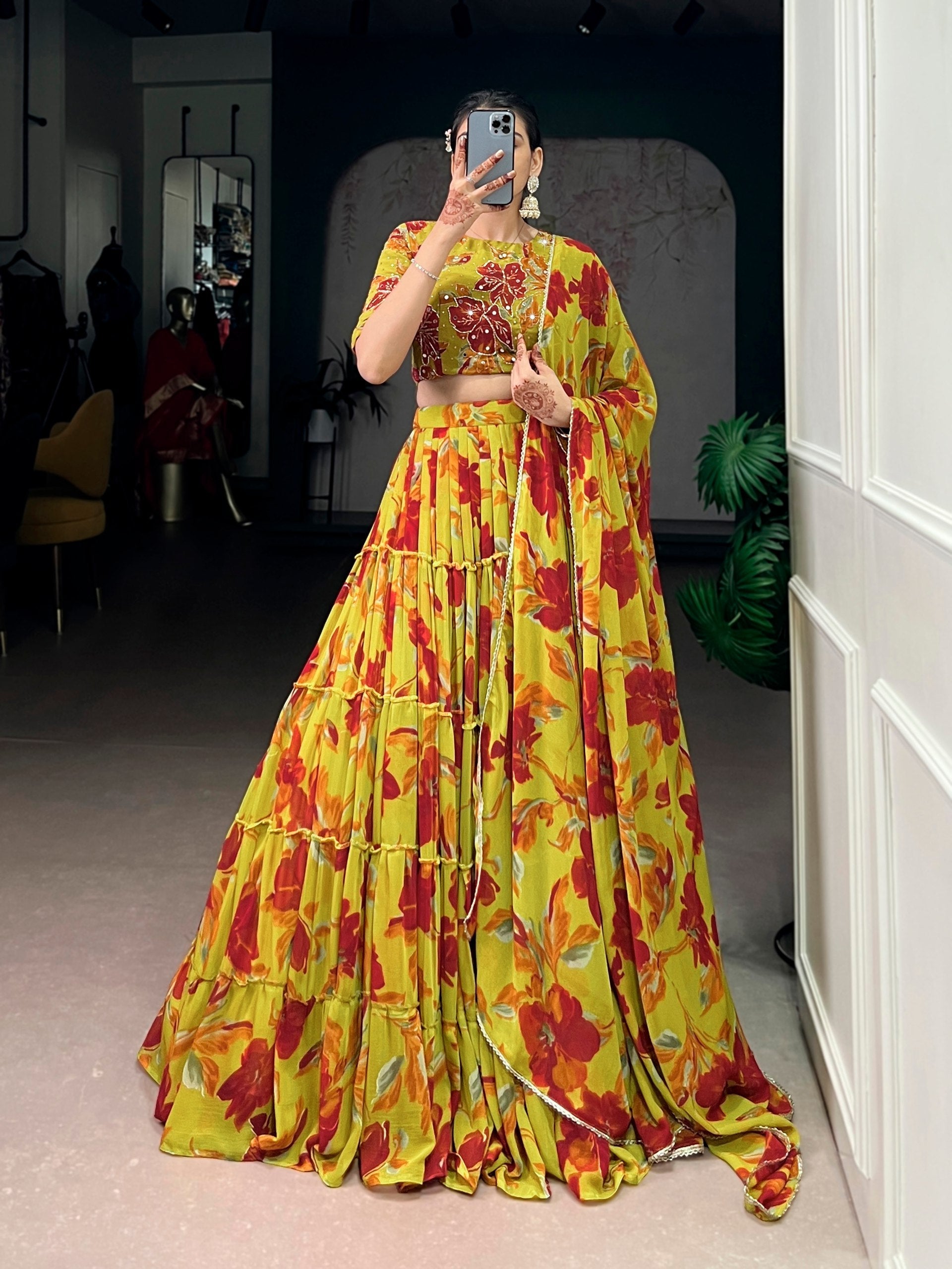 Yellow Floral Printed Lehenga Choli Set ClothsVilla Main image