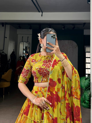 Yellow Floral Printed Lehenga Choli Set ClothsVilla