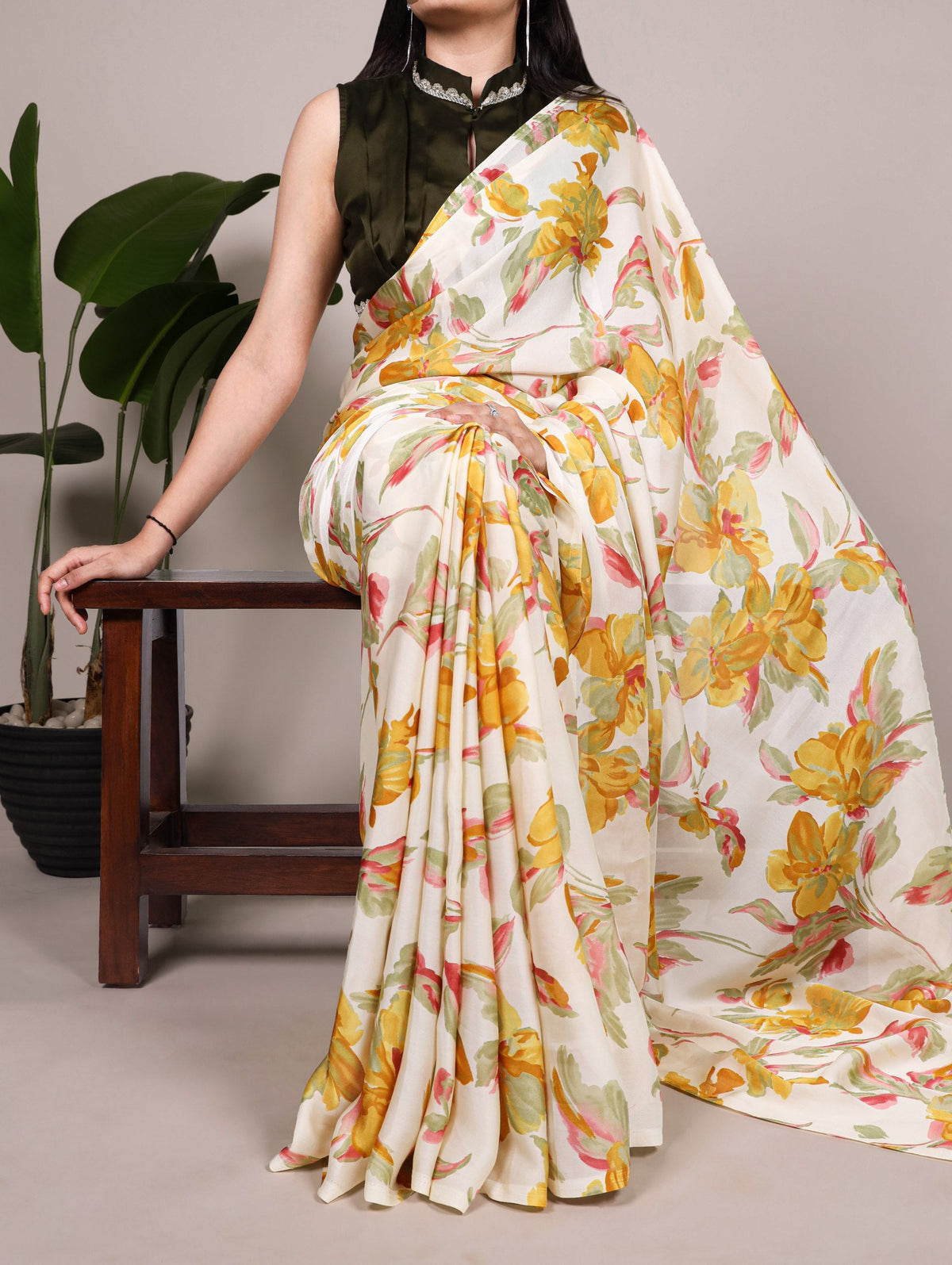 Yellow Floral Printed Satin Silk Saree with Fully Stitched Adjustable Natural Silk Blouse & Lace Detailing – Party & Festive Wear ClothsVilla Main image