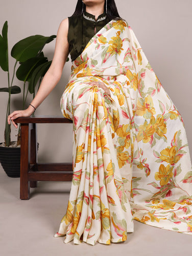 Yellow Floral Printed Satin Silk Saree with Fully Stitched Adjustable Natural Silk Blouse & Lace Detailing – Party & Festive Wear ClothsVilla
