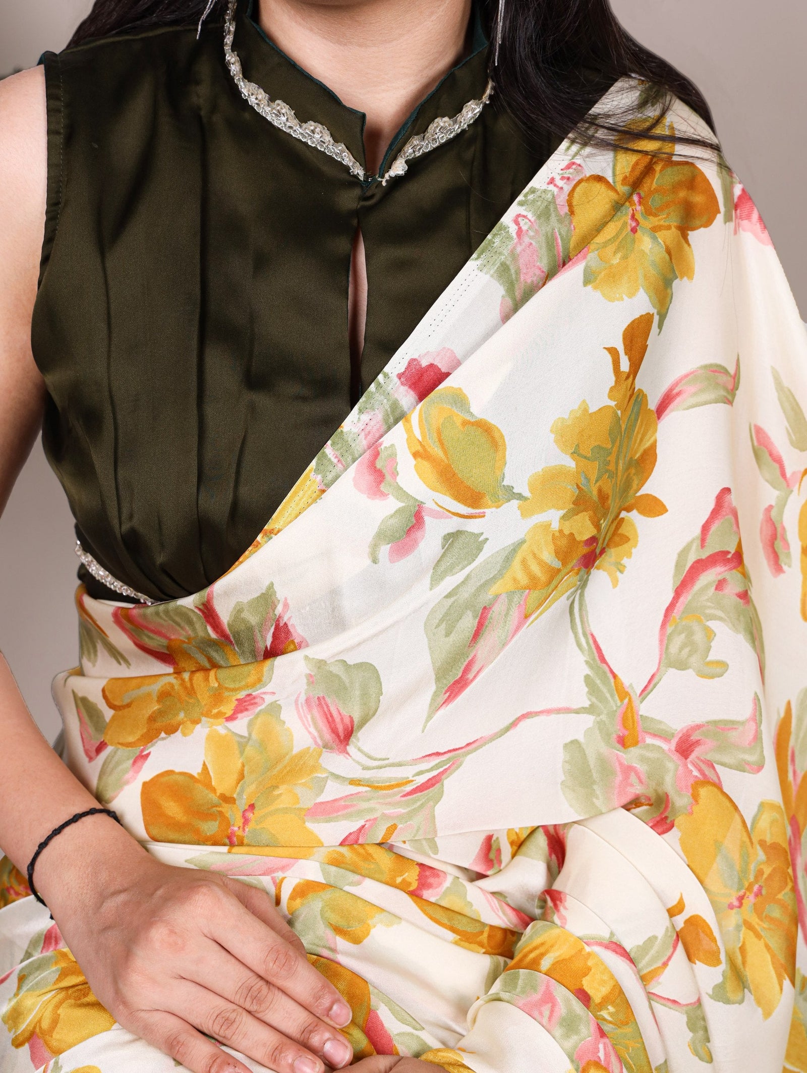 Yellow Floral Printed Satin Silk Saree with Fully Stitched Adjustable Natural Silk Blouse & Lace Detailing – Party & Festive Wear ClothsVilla