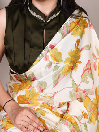 Yellow Floral Printed Satin Silk Saree with Fully Stitched Adjustable Natural Silk Blouse & Lace Detailing – Party & Festive Wear ClothsVilla