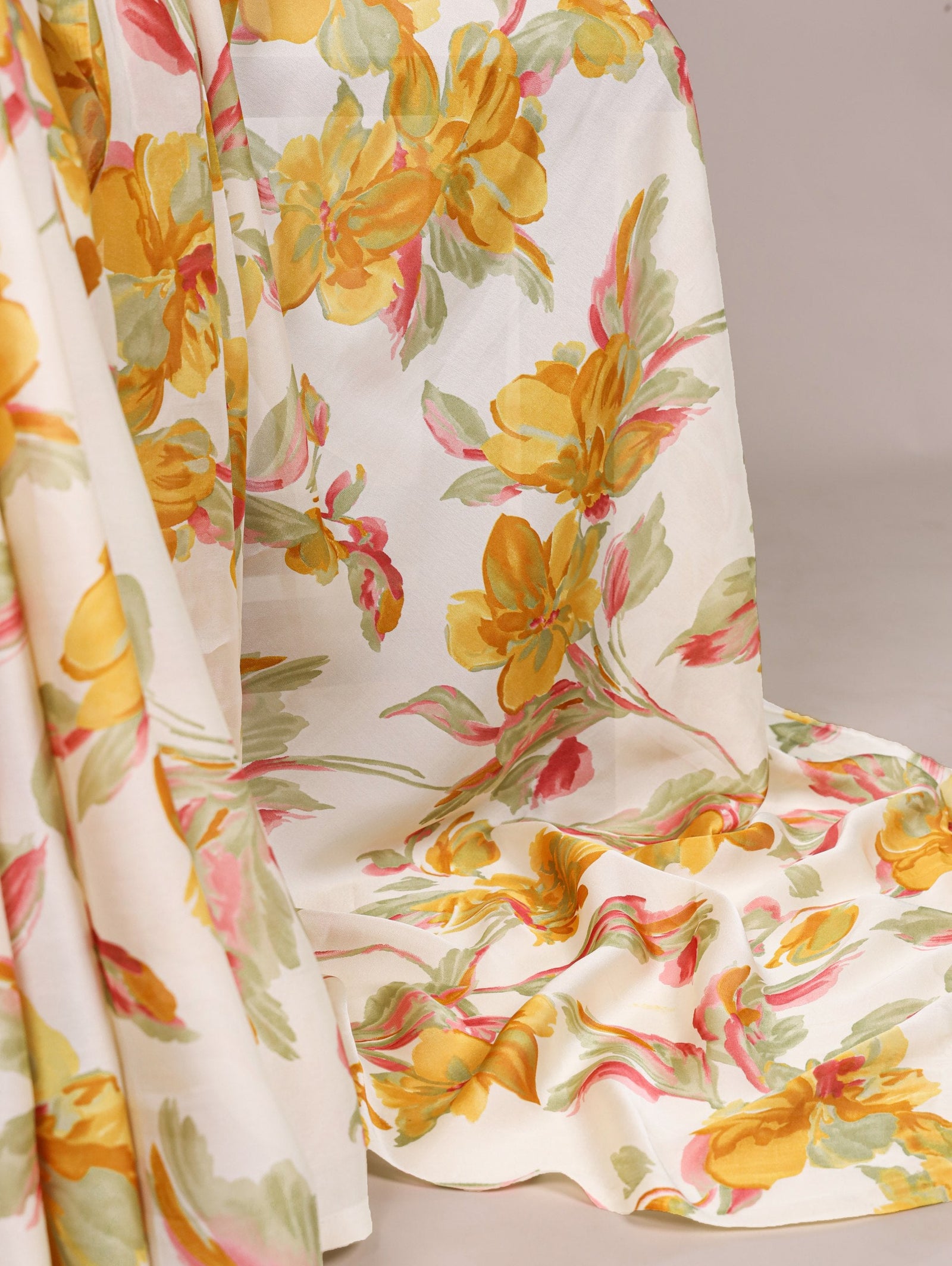 Yellow Floral Printed Satin Silk Saree with Fully Stitched Adjustable Natural Silk Blouse & Lace Detailing – Party & Festive Wear ClothsVilla