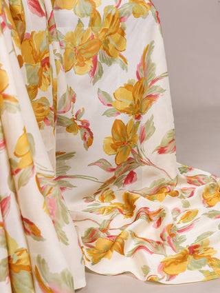 Yellow Floral Printed Satin Silk Saree with Fully Stitched Adjustable Natural Silk Blouse & Lace Detailing – Party & Festive Wear ClothsVilla