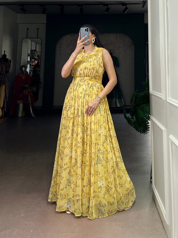 Yellow Floral Printed Weightless Marbal Long Dress with 3.40 Meter Flair, Silk Lining & Drawstring Zip Closure – Fully Stitched Party & Casual Wear Clothsvilla