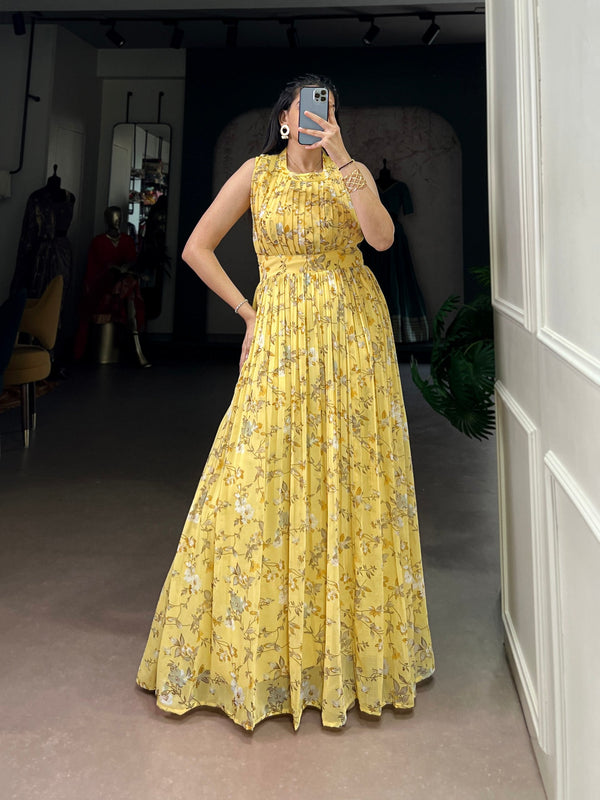 Yellow Floral Printed Weightless Marbal Long Dress with 3.40 Meter Flair, Silk Lining & Drawstring Zip Closure – Fully Stitched Party & Casual Wear Clothsvilla
