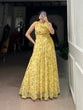 Load image into Gallery viewer, Yellow Floral Printed Weightless Marbal Long Dress with 3.40 Meter Flair, Silk Lining &amp; Drawstring Zip Closure – Fully Stitched Party &amp; Casual Wear Clothsvilla