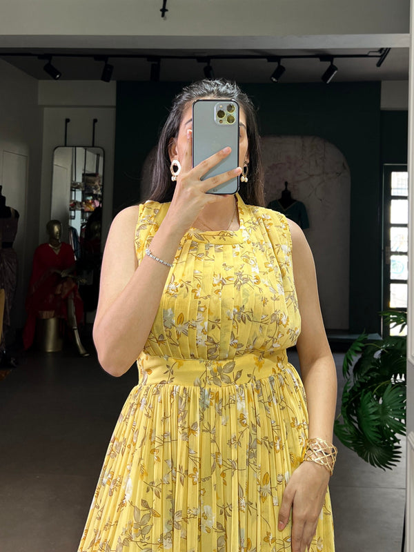 Yellow Floral Printed Weightless Marbal Long Dress with 3.40 Meter Flair, Silk Lining & Drawstring Zip Closure – Fully Stitched Party & Casual Wear Clothsvilla