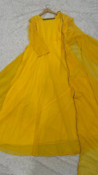 Yellow Flowing Georgette Gown Set with Dupatta & Border Detailing ClothsVilla
