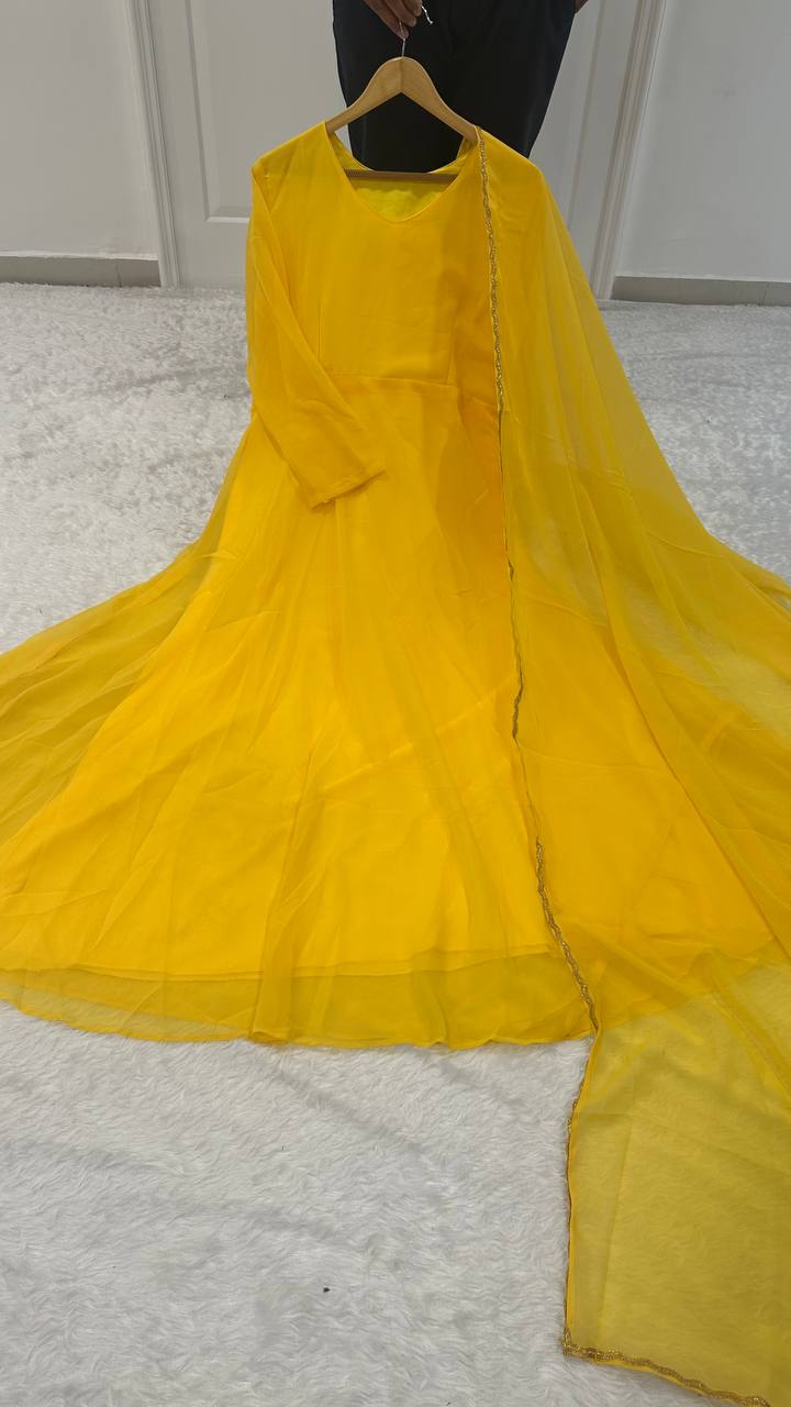 Yellow Flowing Georgette Gown Set with Dupatta & Border Detailing ClothsVilla
