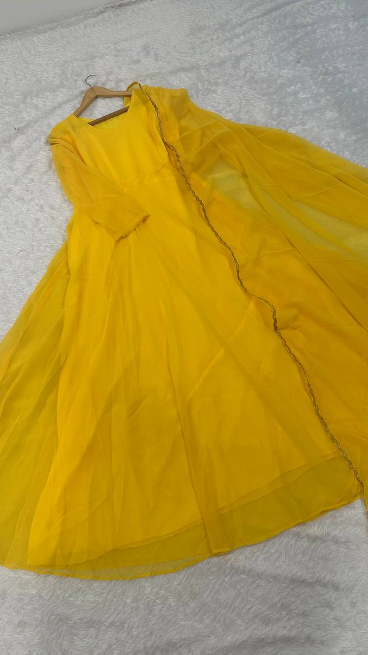 Yellow Flowing Georgette Gown Set with Dupatta & Border Detailing ClothsVilla