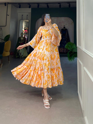 Yellow Flowy Georgette Floral Print Frock for Women ClothsVilla