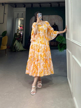 Yellow Flowy Georgette Floral Print Frock for Women ClothsVilla