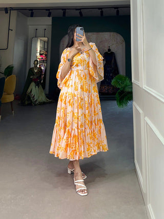 Yellow Flowy Georgette Floral Print Frock for Women ClothsVilla