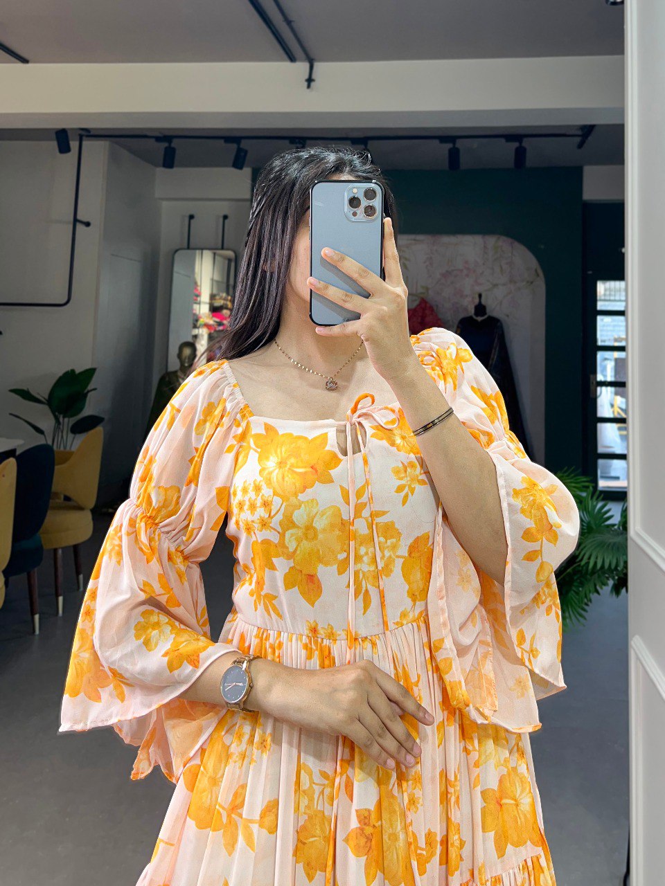 Yellow Flowy Georgette Floral Print Frock for Women ClothsVilla