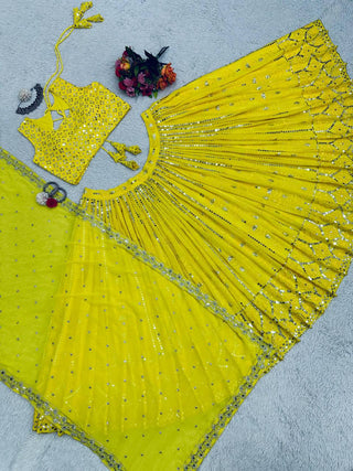 Yellow Fox Georgette Embroidered Lehenga Set with 9mm Sequins Semi-Stitched Elegance for Festive Glamour Clothsvilla