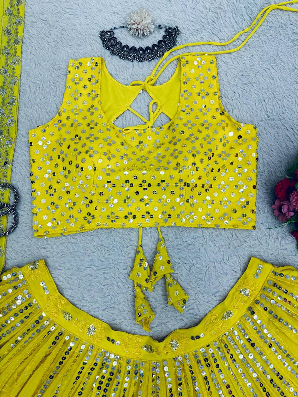 Yellow Fox Georgette Embroidered Lehenga Set with 9mm Sequins Semi-Stitched Elegance for Festive Glamour Clothsvilla