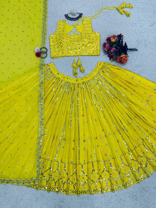 Yellow Fox Georgette Embroidered Lehenga Set with 9mm Sequins Semi-Stitched Elegance for Festive Glamour Clothsvilla
