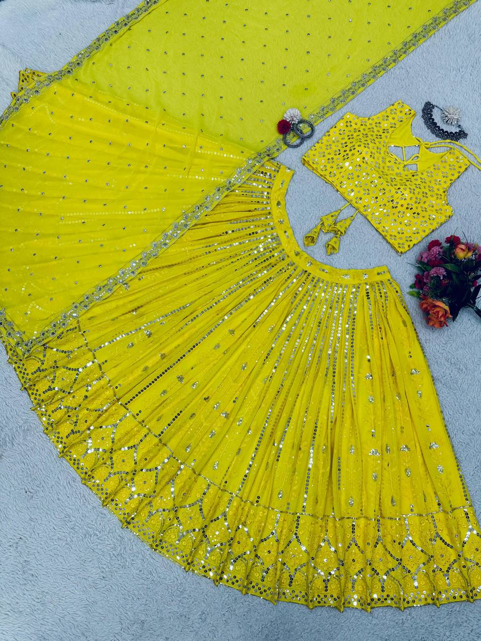 Yellow Fox Georgette Embroidered Lehenga Set with 9mm Sequins Semi-Stitched Elegance for Festive Glamour Clothsvilla