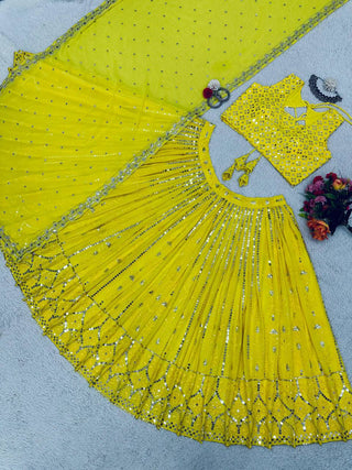 Yellow Fox Georgette Embroidered Lehenga Set with 9mm Sequins Semi-Stitched Elegance for Festive Glamour Clothsvilla