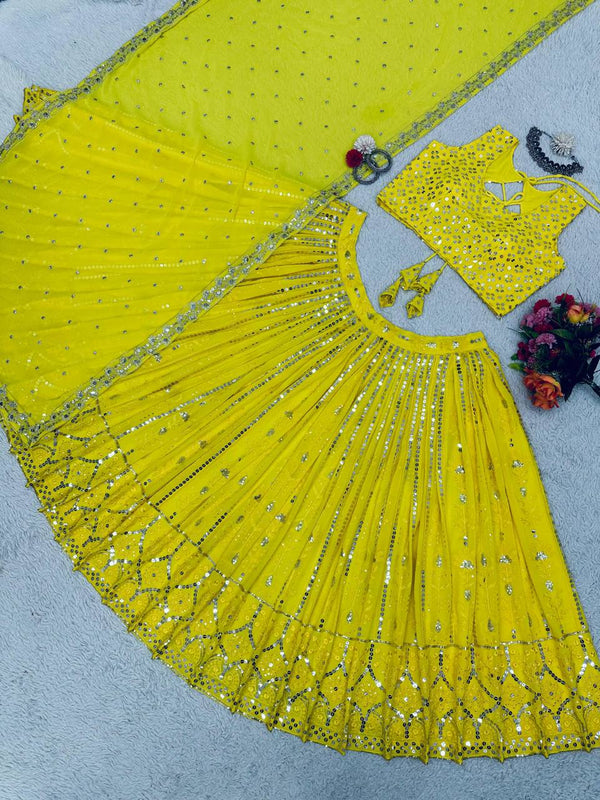 Yellow Fox Georgette Embroidered Lehenga Set with 9mm Sequins Semi-Stitched Elegance for Festive Glamour Clothsvilla