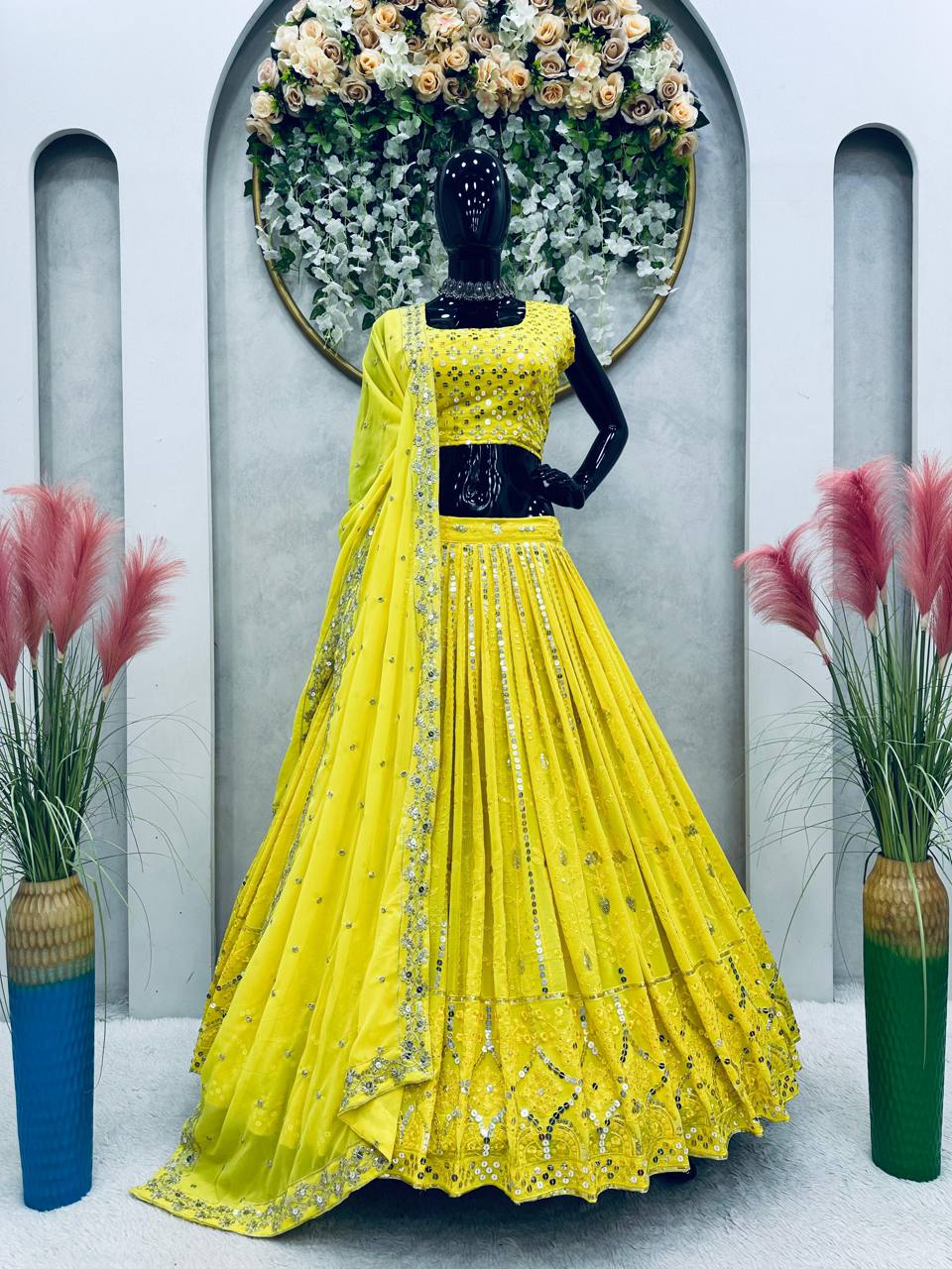 Yellow Fox Georgette Embroidered Lehenga Set with 9mm Sequins Semi-Stitched Elegance for Festive Glamour Clothsvilla