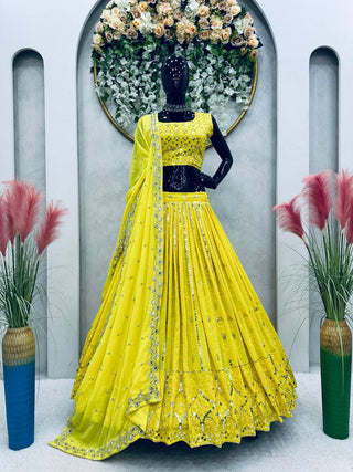 Yellow Fox Georgette Embroidered Lehenga Set with 9mm Sequins Semi-Stitched Elegance for Festive Glamour Clothsvilla