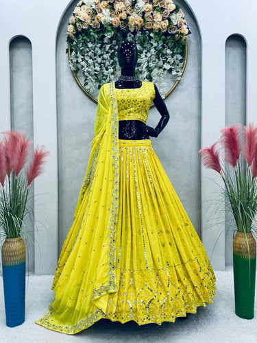 Yellow Fox Georgette Embroidered Lehenga Set with 9mm Sequins Semi-Stitched Elegance for Festive Glamour Clothsvilla