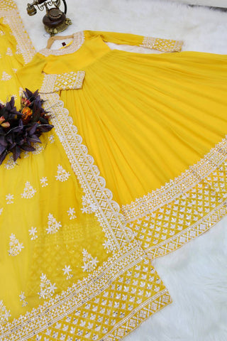 Yellow Fox Georgette Sequin Embroidered Gown with Flowing Skirt and Matching Dupatta ClothsVilla