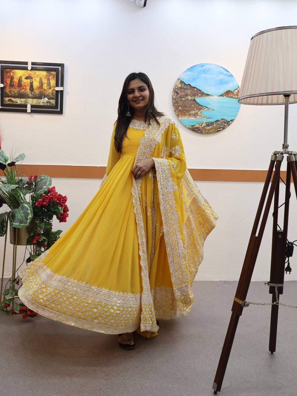 Yellow Fox Georgette Sequin Embroidered Gown with Flowing Skirt and Matching Dupatta ClothsVilla Main image