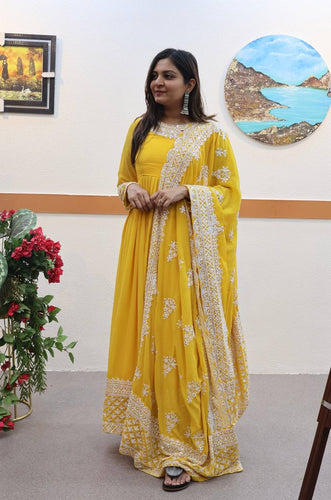 Yellow Fox Georgette Sequin Embroidered Gown with Flowing Skirt and Matching Dupatta ClothsVilla