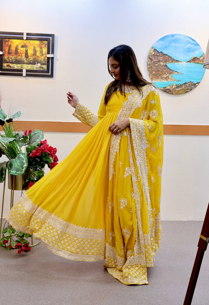 Yellow Fox Georgette Sequin Embroidered Gown with Flowing Skirt and Matching Dupatta ClothsVilla