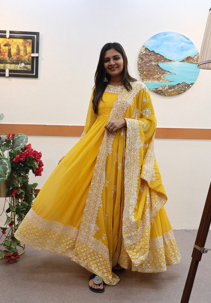 Yellow Fox Georgette Sequin Embroidered Gown with Flowing Skirt and Matching Dupatta ClothsVilla