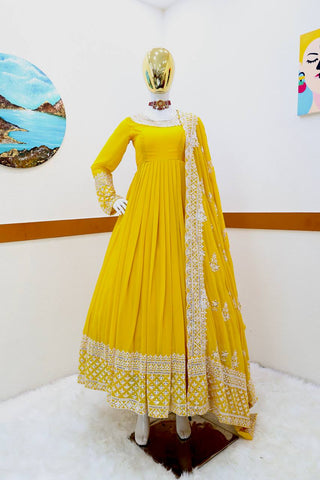 Yellow Fox Georgette Sequin Embroidered Gown with Flowing Skirt and Matching Dupatta ClothsVilla