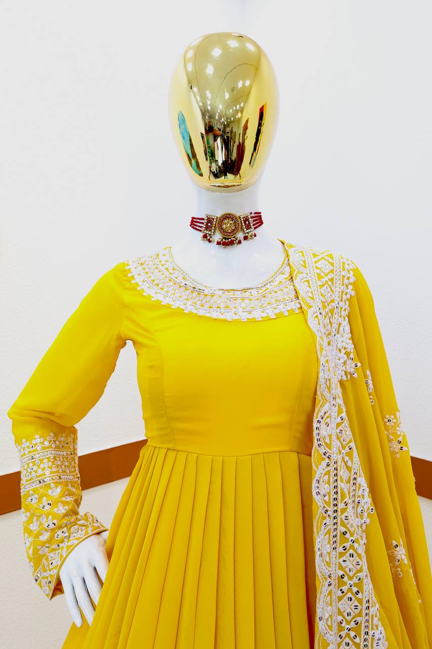 Yellow Fox Georgette Sequin Embroidered Gown with Flowing Skirt and Matching Dupatta ClothsVilla