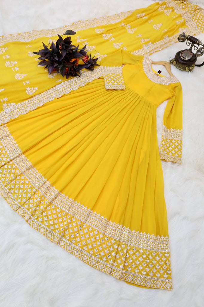 Yellow Fox Georgette Sequin Embroidered Gown with Flowing Skirt and Matching Dupatta ClothsVilla
