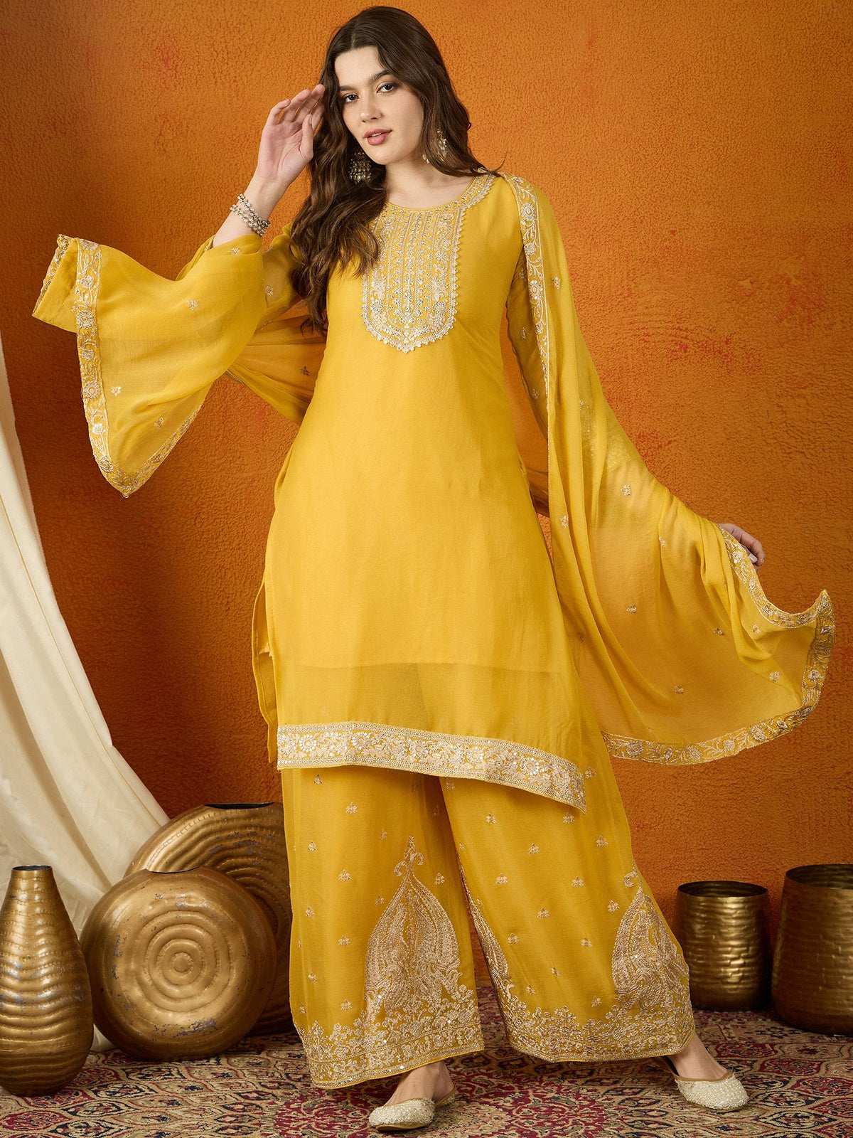Yellow Georgette Embroidered Kurta Palazzo Set with Dupatta ClothsVilla Main image