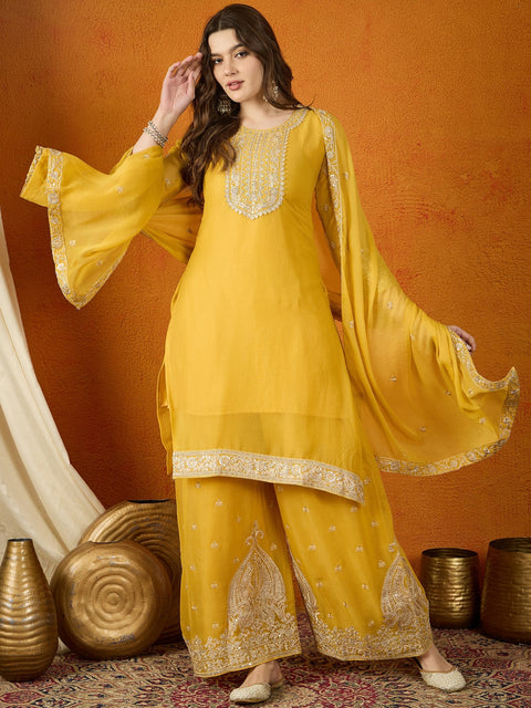 Yellow Georgette Embroidered Kurta Palazzo Set with Dupatta ClothsVilla Main image