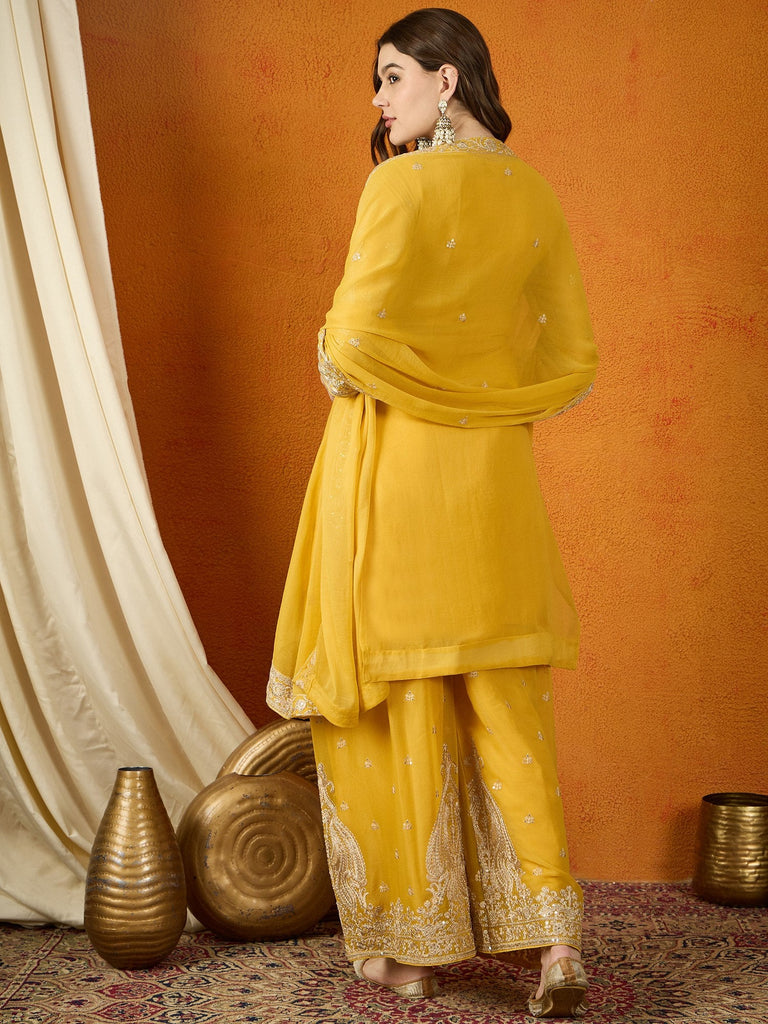 Yellow Georgette Embroidered Kurta Palazzo Set with Dupatta ClothsVilla