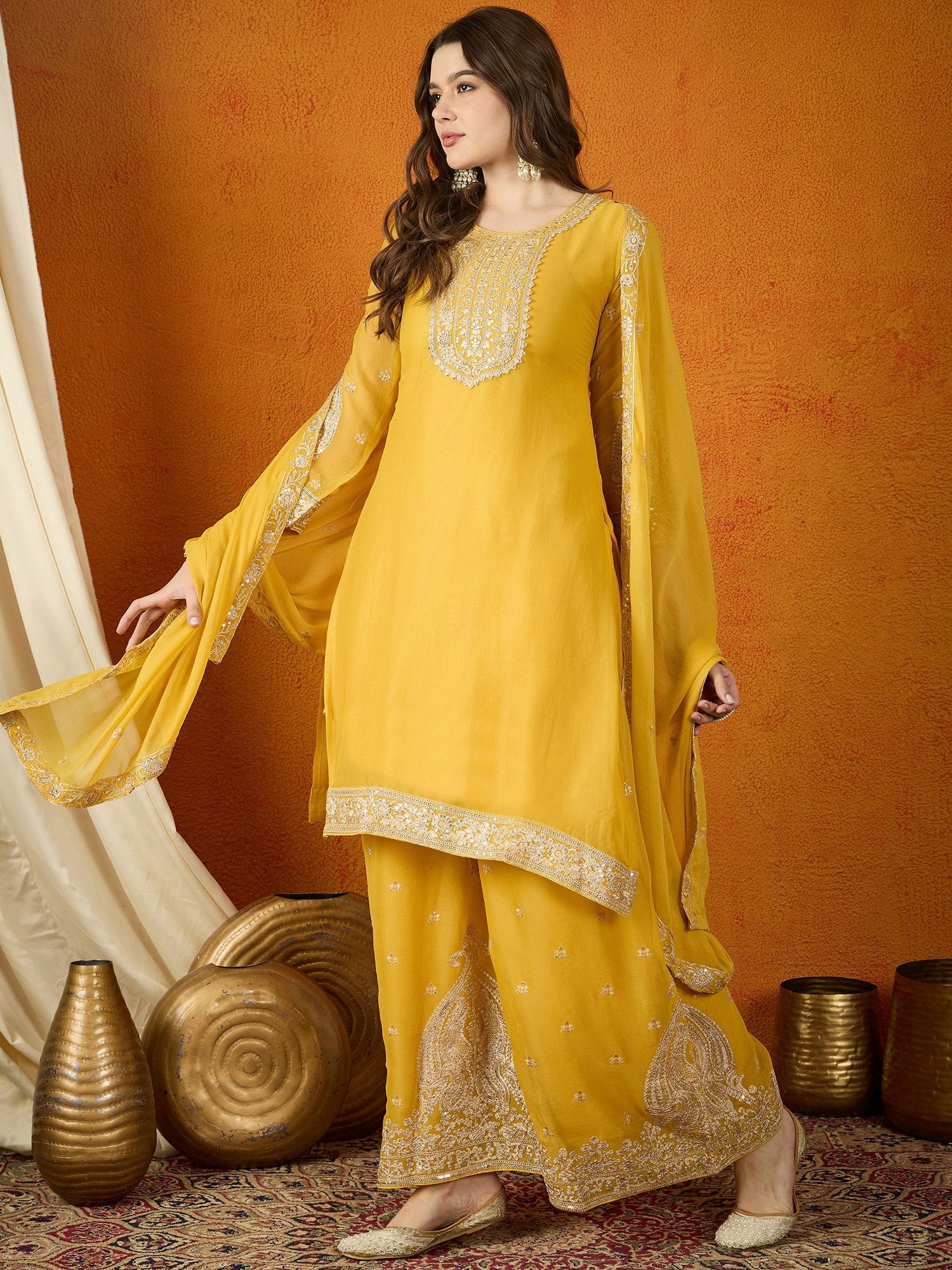 Yellow Georgette Embroidered Kurta Palazzo Set with Dupatta ClothsVilla