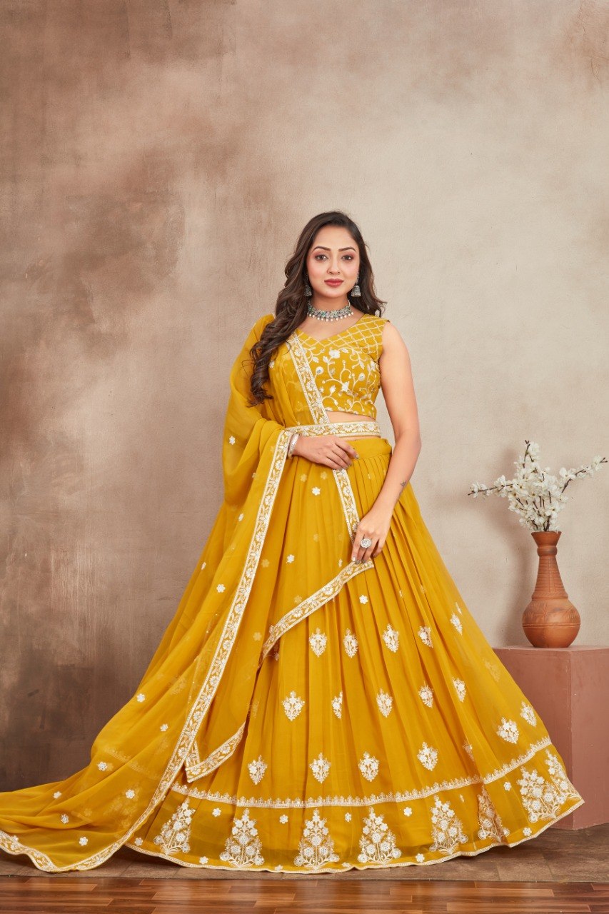 Yellow Georgette Embroidered Lehenga ClothsVilla