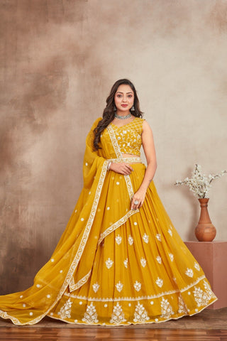 Yellow Georgette Embroidered Lehenga ClothsVilla