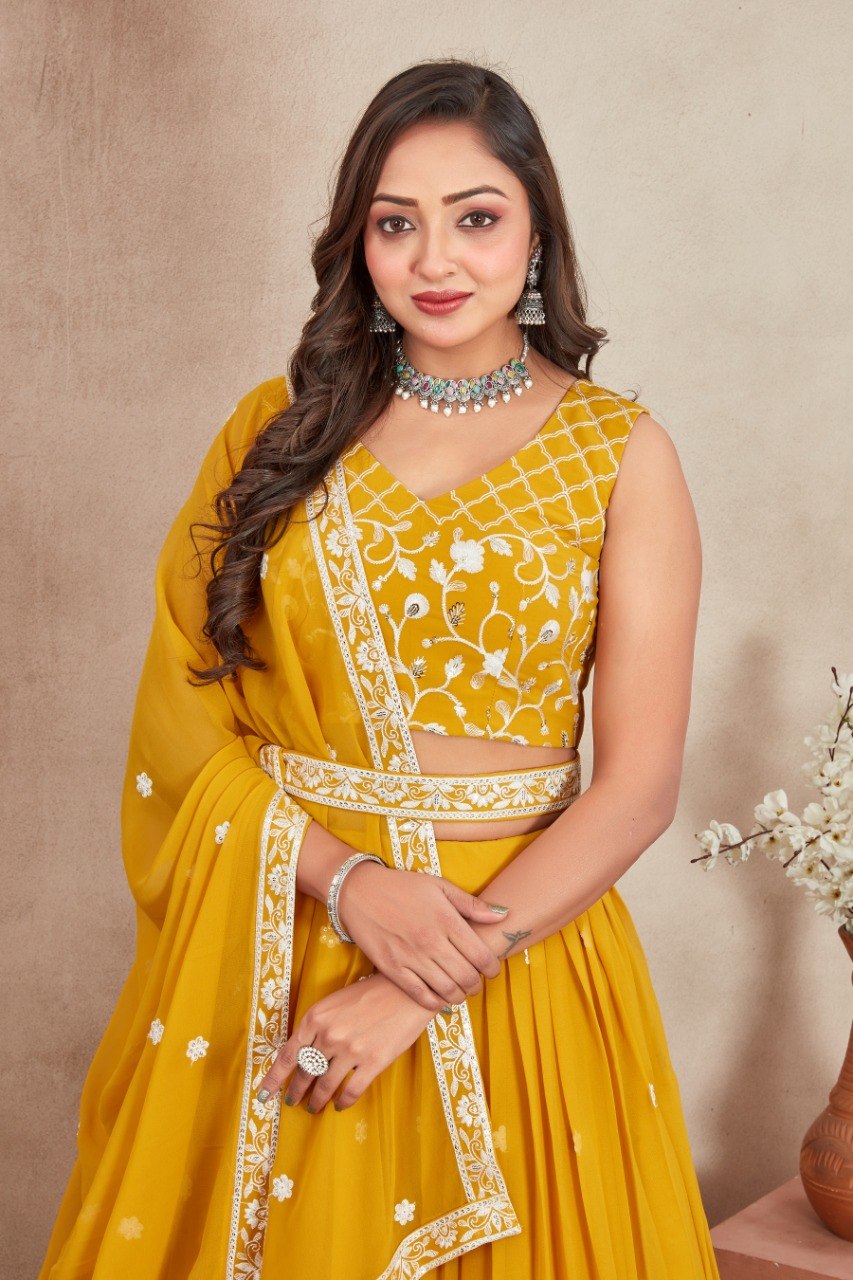 Yellow Georgette Embroidered Lehenga ClothsVilla