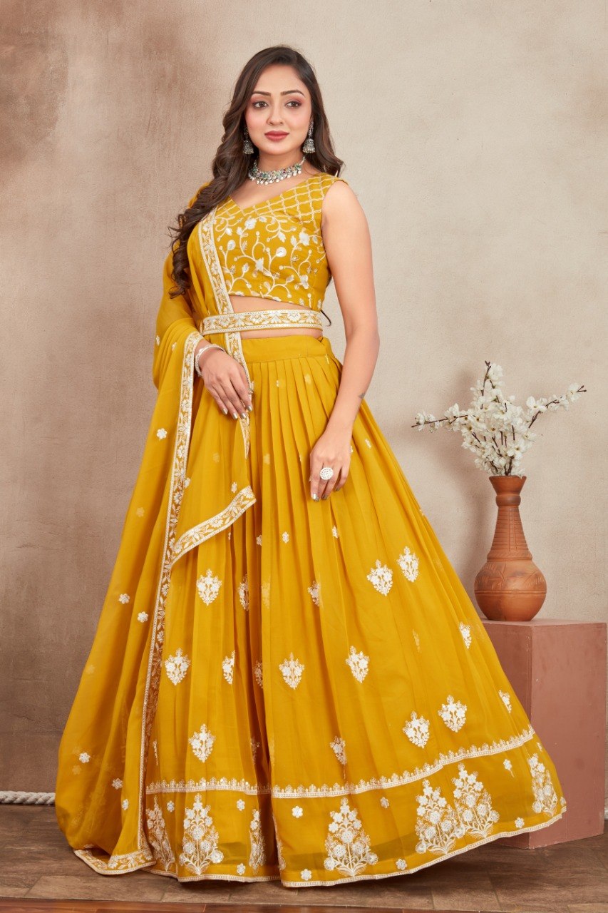 Yellow Georgette Embroidered Lehenga ClothsVilla