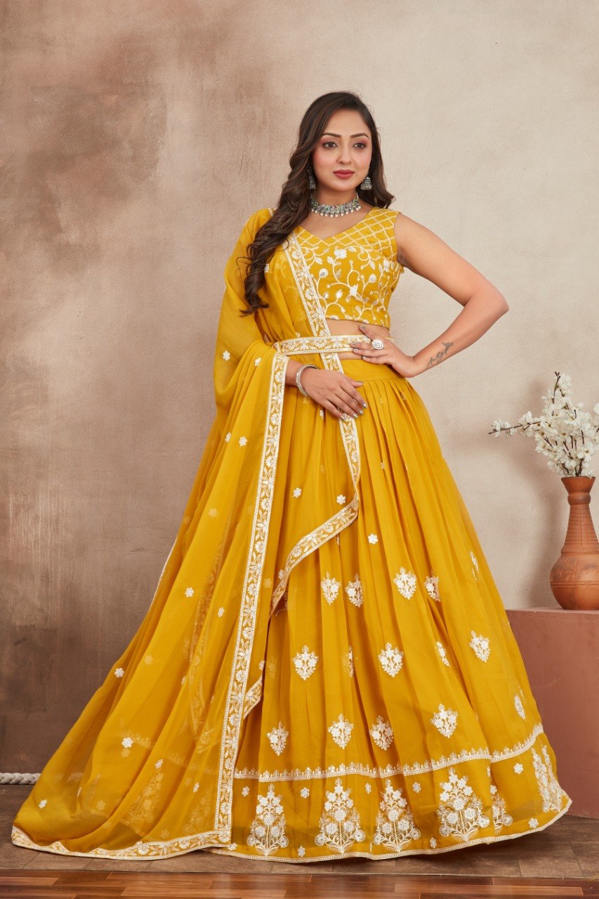 Yellow Georgette Embroidered Lehenga ClothsVilla