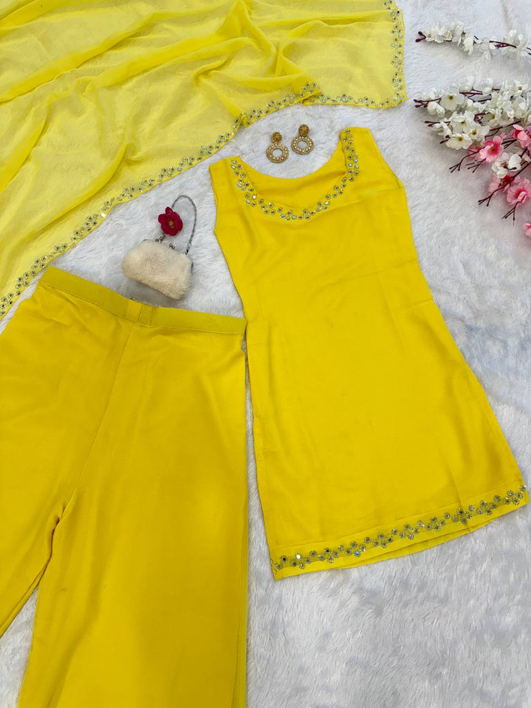 Yellow Georgette Real Mirror Work Kurti Set with Plazo & Dupatta Fully Stitched Ethnic Wear ClothsVilla