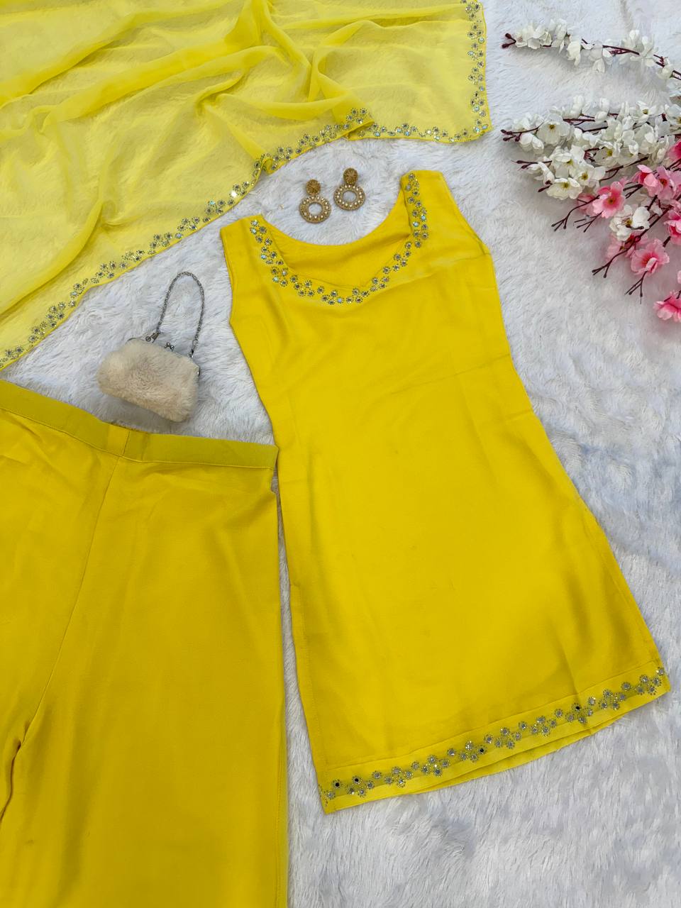 Yellow Georgette Real Mirror Work Kurti Set with Plazo & Dupatta Fully Stitched Ethnic Wear ClothsVilla