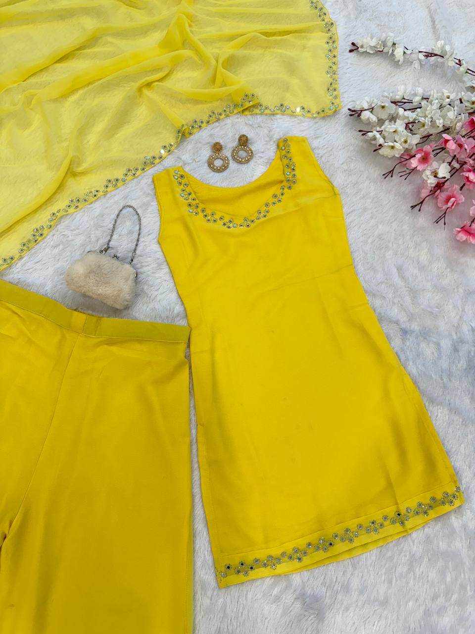 Yellow Georgette Real Mirror Work Kurti Set with Plazo & Dupatta Fully Stitched Ethnic Wear ClothsVilla
